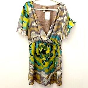 NWT Jack & Ginger Faux Wrap Silk Ikat Batwing Dolman Sleeve Mini Dress XL Tie
